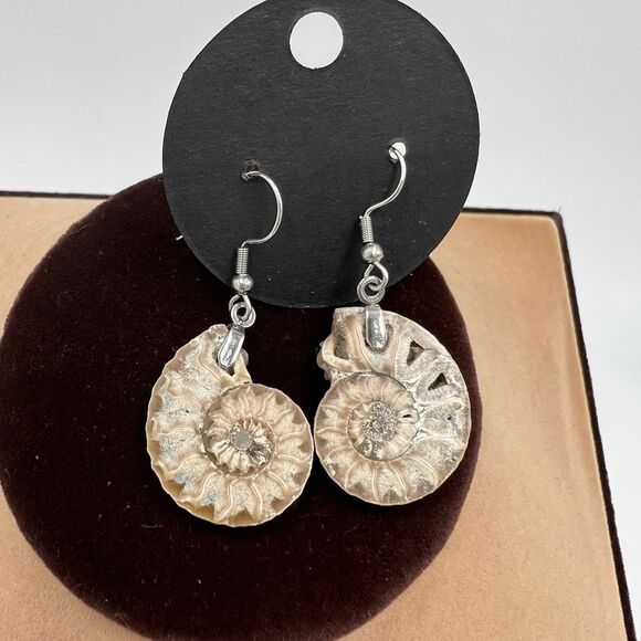 Natural Ammonite Fossil Gesmtone Silver Earrings Handmade Lightweight - Picture 1 of 5